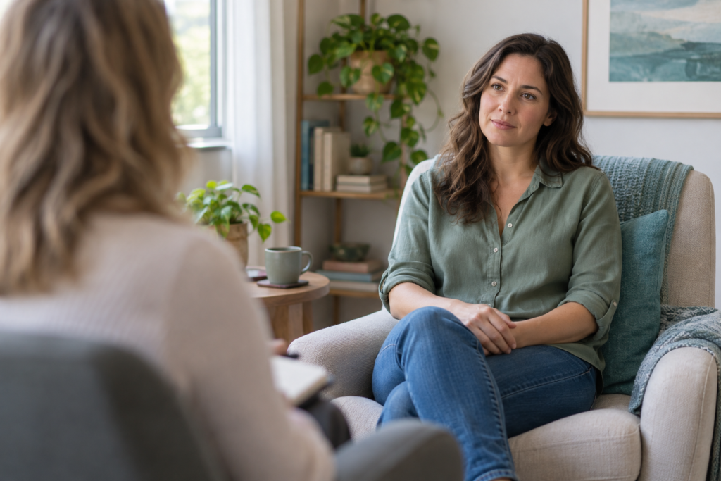 Woman speaking with a therapist in a comfortable counseling room.