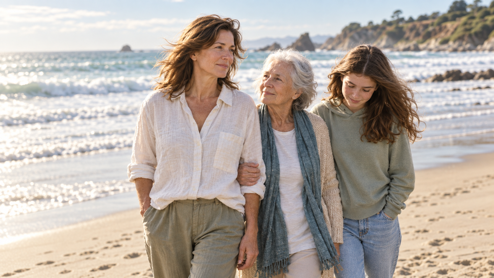 Three generations of women walking together on a beach, illustrating the sandwich generation and caring for family.