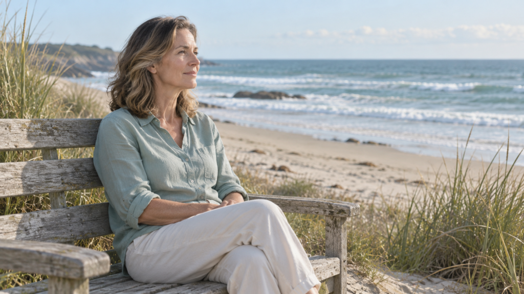 Woman taking a quiet moment on a bench overlooking the ocean.