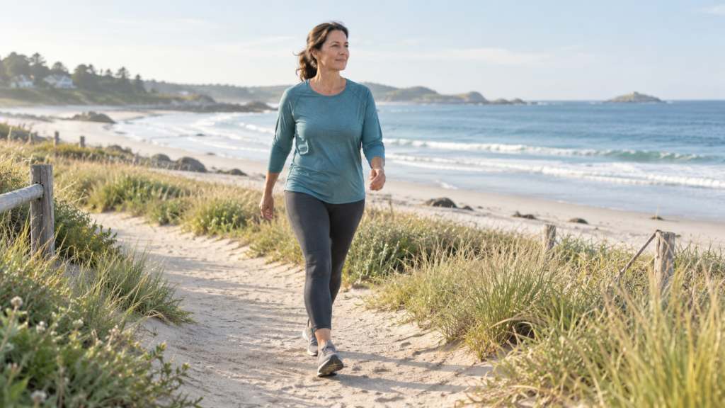 Woman walking for exercise on a coastal path beside the ocean.