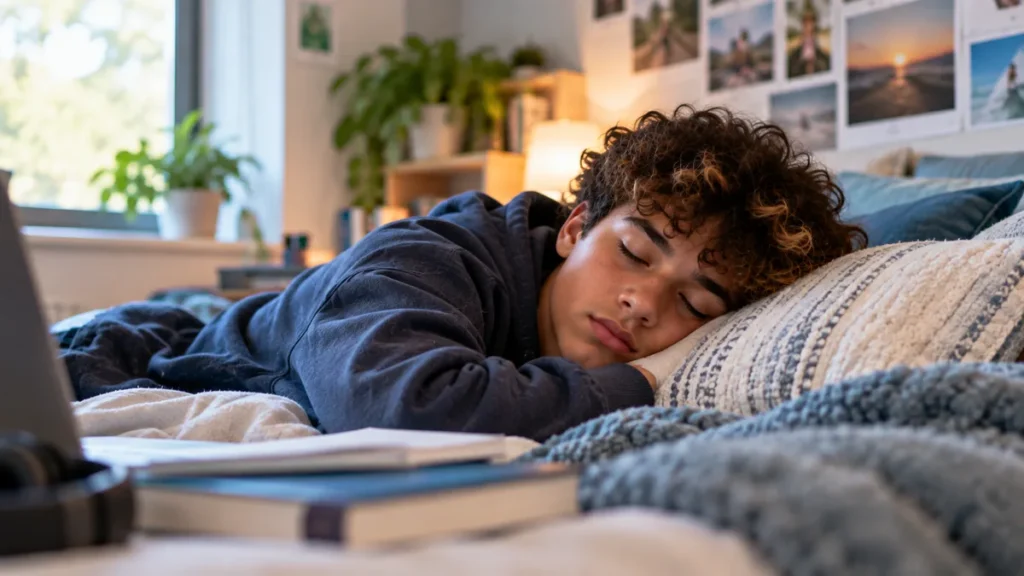 Teen boy resting after feeling overwhelmed by school and stress