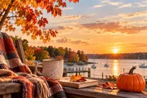 Cozy fall afternoon overlooking the water with autumn leaves, a warm drink, and a pumpkin.